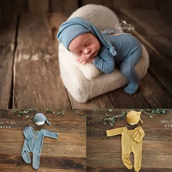 Newborn Photography Props Button Overalls Pants Baby Photo Shoot Romper Outfit Hat Accessories Bebe Shooting Boy Clothes Set