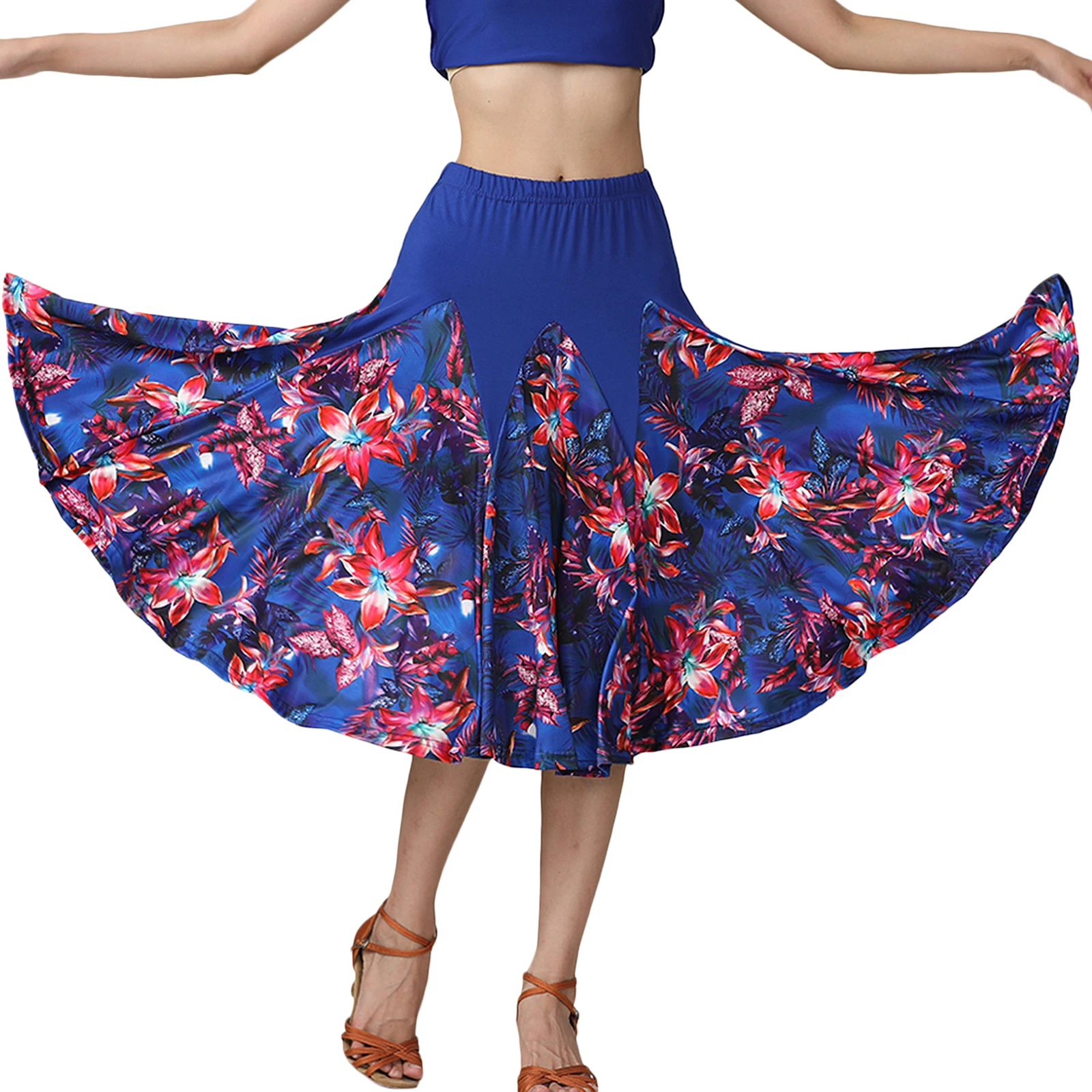 Elegant Womens Latin Ballroom Long Swing Dancing Skirt Dance Party Floral Tango Waltz Skirt Cha Cha Dress Lady Fashion Costumes