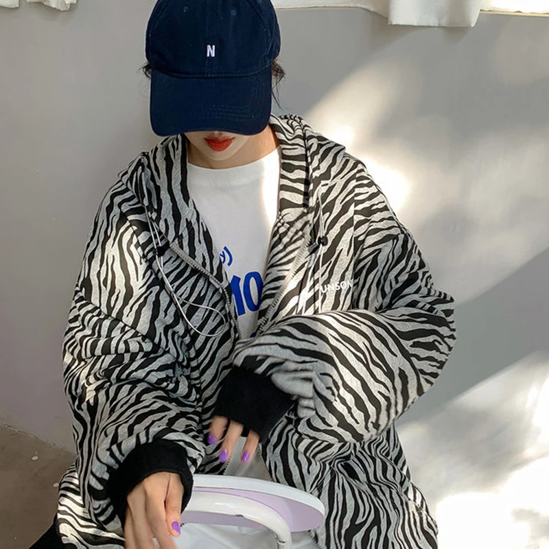 Zebra Striped Jackets Women Coupes PopularHooded Coats Autumn Female Harajuku Unisex BF Zipper Outerwear Ins Fashion Hip Hop