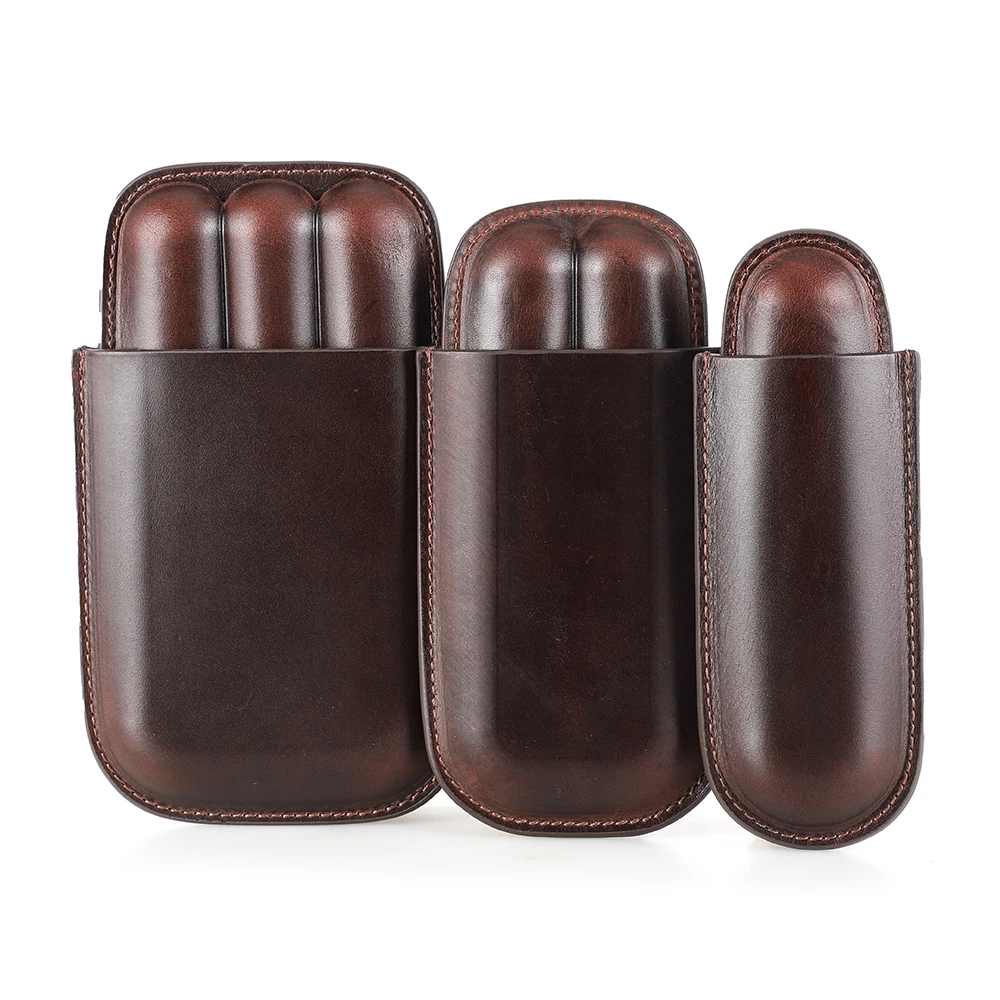 CONTACT\'S FAMILY Vintage Oil Cow Leather Cigar Case Holster 1/2/3 Tubes Holder Mini Humidor Box Travel Storage Cigar Accessories