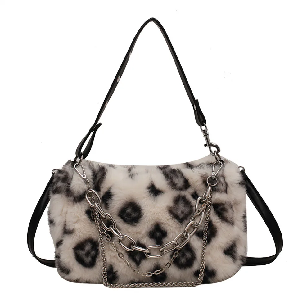 2021 Winter Leopard Plush Women Shoulder Bag Fashion Autumn Soft Faux Fur Handbag Baquette Ladies Crossbody Bags Bolso de Otono