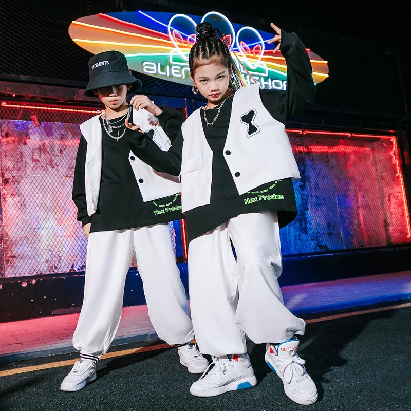 Costumes de danse Jazz pour enfants, gilet blanc, pantalon ample, tenue de danse de rue, salle de bal, Hip Hop, vêtements de Rave DN10533, nouvelle collection