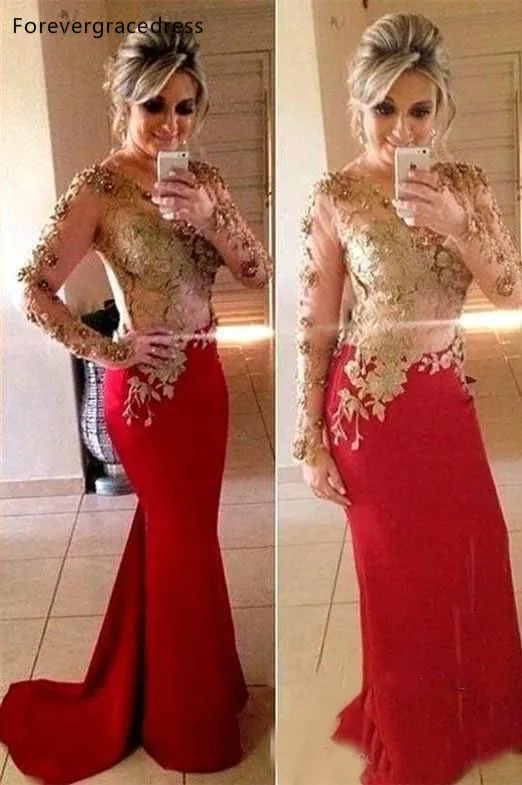 Vestidos de Fiesta de sirena para niña, ropa de manga larga de color rojo con encaje dorado, talla grande disponible