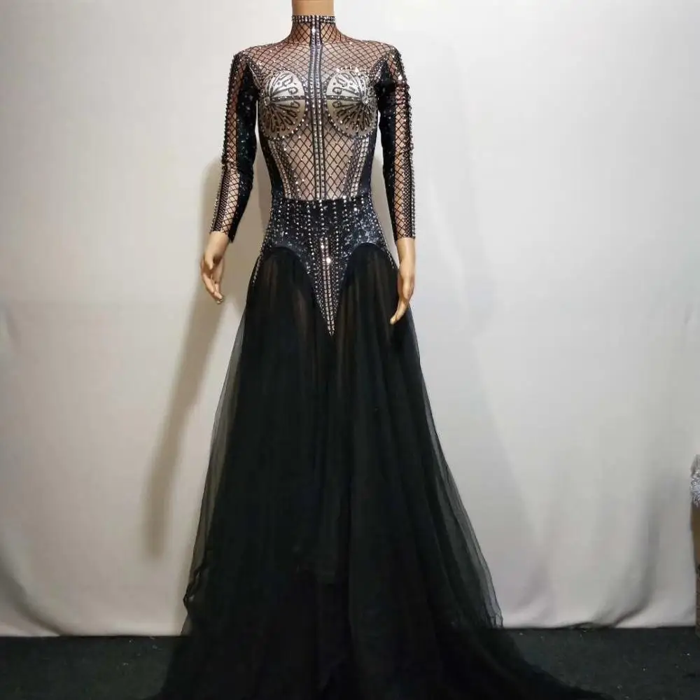 

Women Crystals Black Gauze Long Dress Personalized Female Long Sleeves Sexy Banquet Evening Dress Women's Performance Clothing