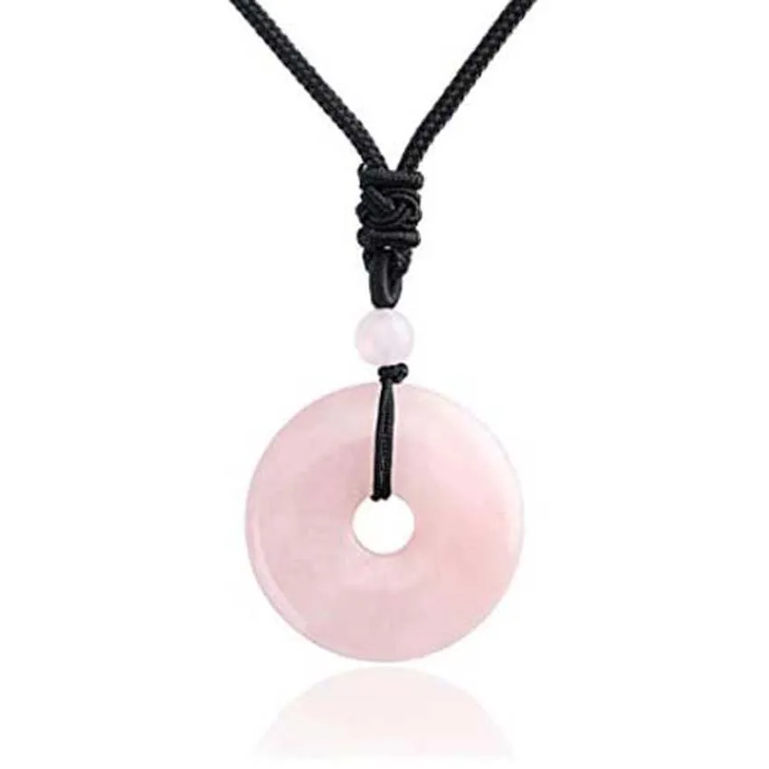 30mm Circle Donut Crystal Quartz Necklace For Women Men Natural Amethyst Stone Amulet Lucky Coin Donuts Pendant Adjustable Rope