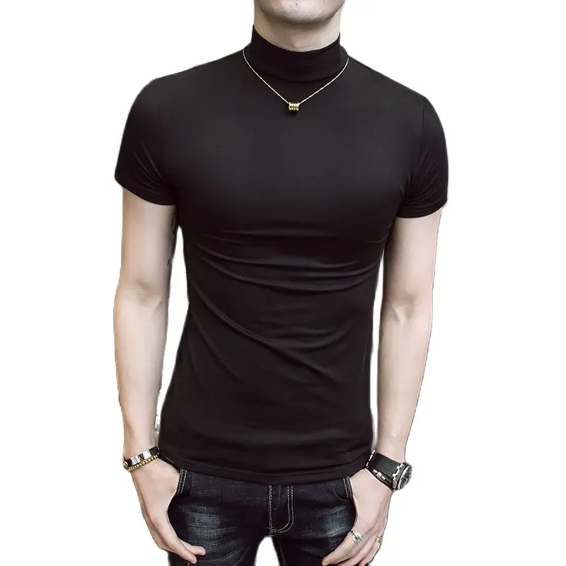 2023 Summer Men Short Sleeve Turtleneck Slim Fit T-shirt Male Solid Black White Tees Shirts Lovers Tshirt