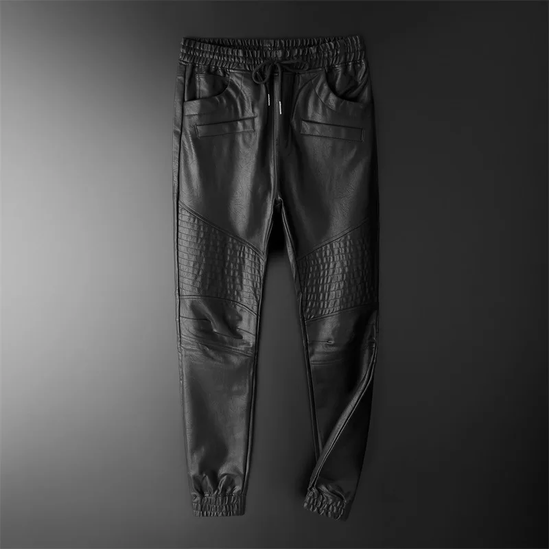 Thoshine Brand Men Leather Pants Superior Quality Elastic Waist Jogger Pants PU Leather Motorcycle Trousers Harem Pants Pockets