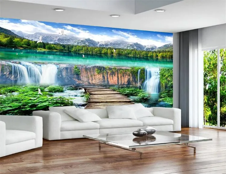 

Chinese Style Waterfalls Landscape Wood Bridge Photo Mural Wallpaper Living Room TV Sofa Backdrop Wall Covering Home Decor Mural