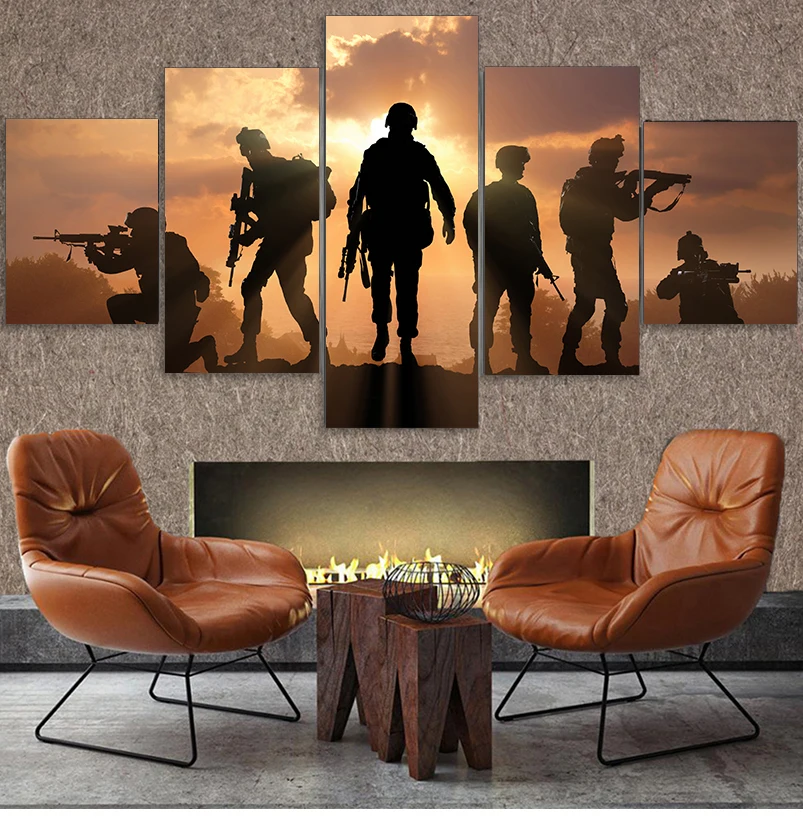 HD Printed 5 Piece Patriotic US military Painting soldiers Canvas with army Sunset Wall Pictures for Living Room battlefield