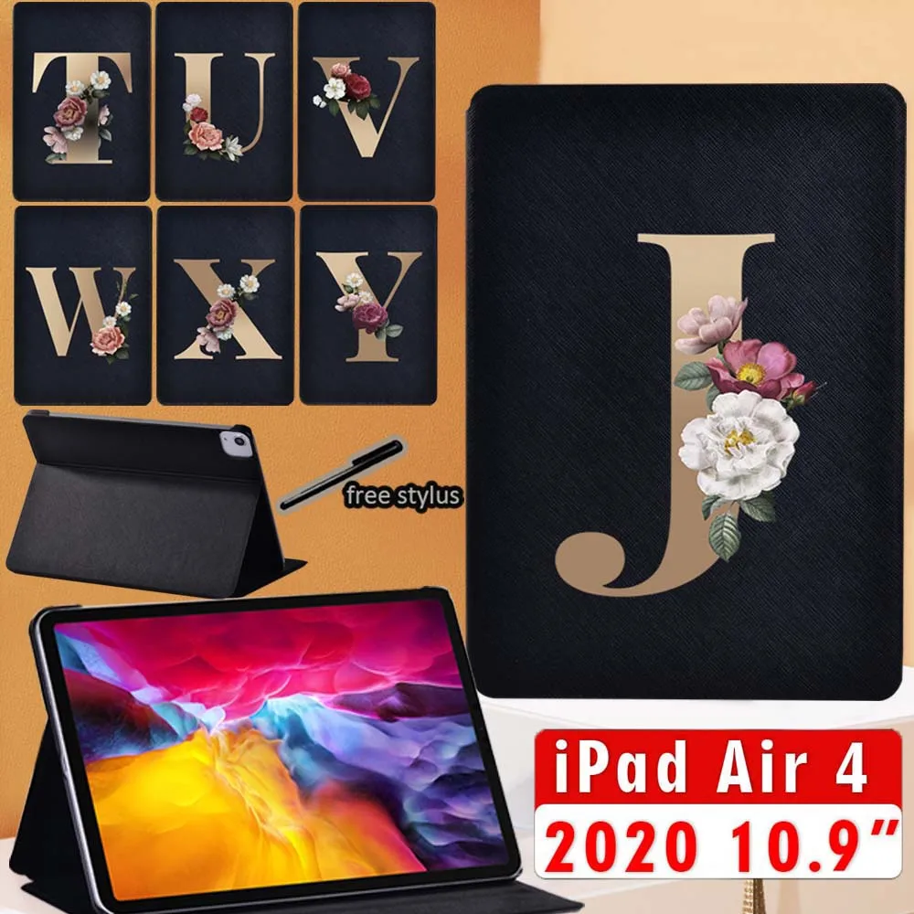 

ipad air 4 case Leather Tablet Stand Folding Cover for Apple IPad Air 4 10.9 inch 2020 Floral Gold Initial Name Tablet Case