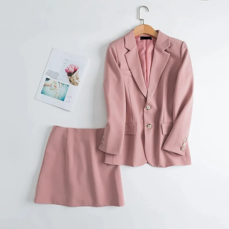 Preppy style Pink mori girl blazer set Elegant solid color two buttons coat and short skirt 2pcs set for women autumn Holiday