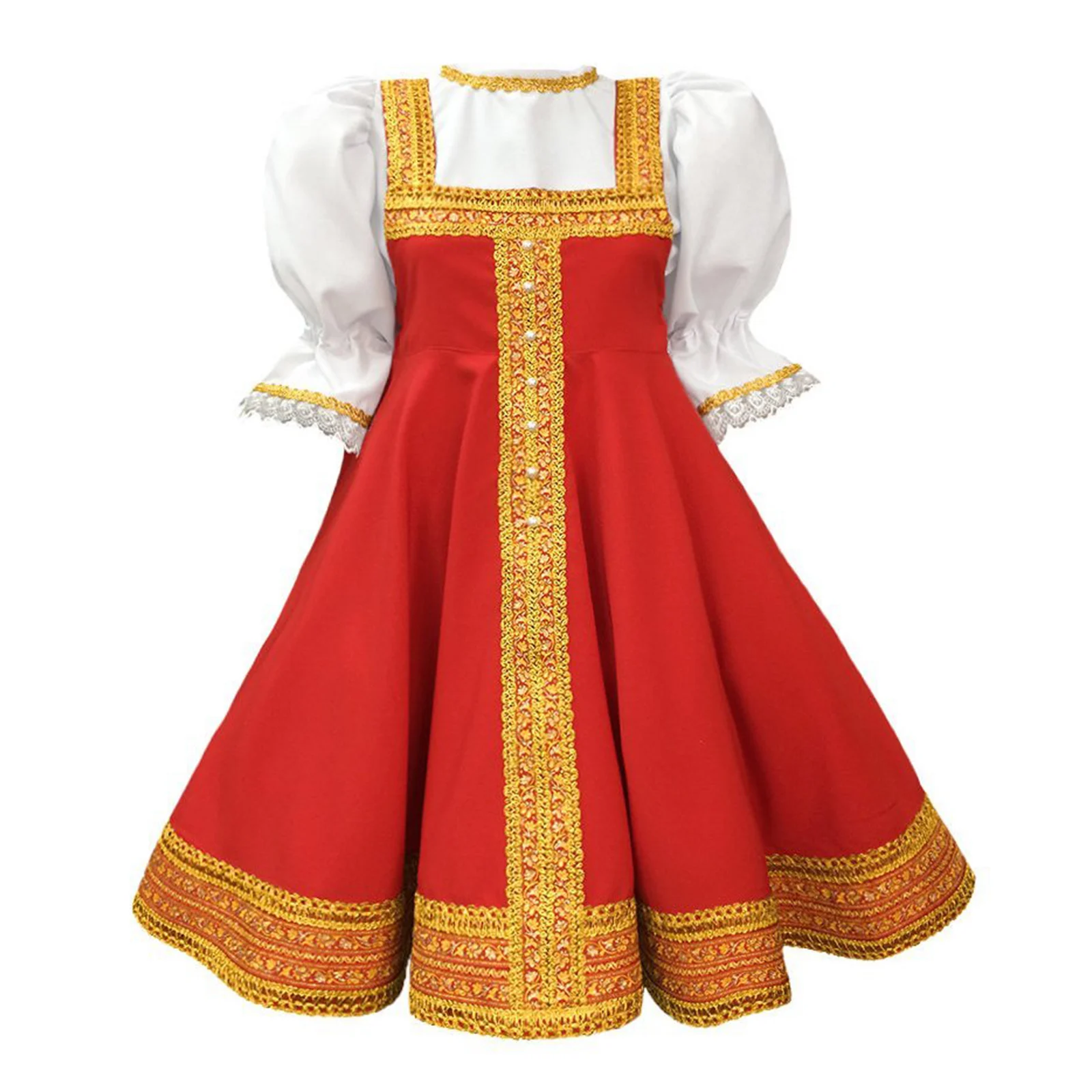 Russian Dance Tutu Dress Puff Sleeve Princess Dress Halloween Red Sarafan Folk Fancy Dress Kid Girls Traditional Russian Costume