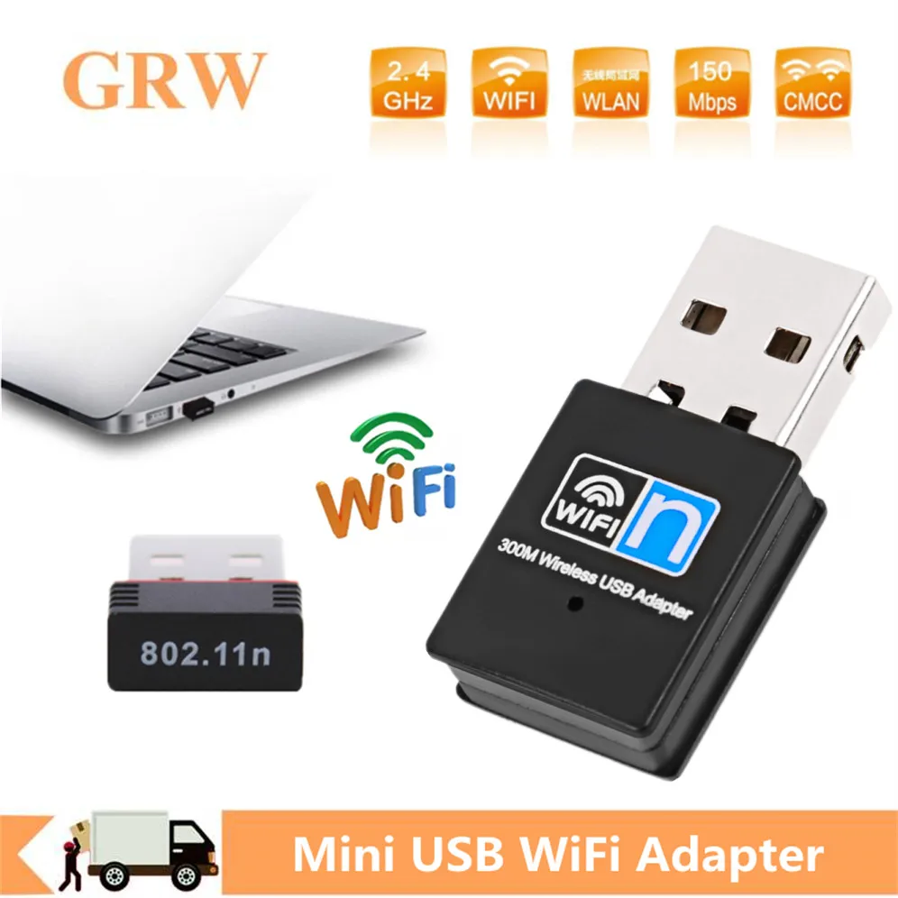 GRWIBEOU-adaptador Wifi USB de 300Mbps, receptor inalámbrico Dongle, tarjeta de red USB para ordenador portátil de escritorio, Windows 7, 8, 10,