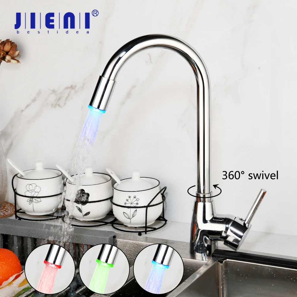 

JIENI LED Swivel Kitchen Faucet 360 Rotated Chrome Brass Kitchen Mixer Basin Sink Faucet Stainless Steel Water Mixer Tap