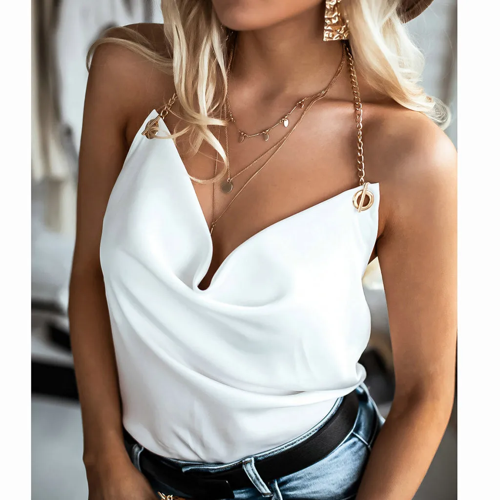 Chic Solid Blue Party Club Tank Tops Shirts Chain Halter Sleeveless Deep V-Neck Tanks Tops 2021 Satin Glossy Summer Sexy Camis