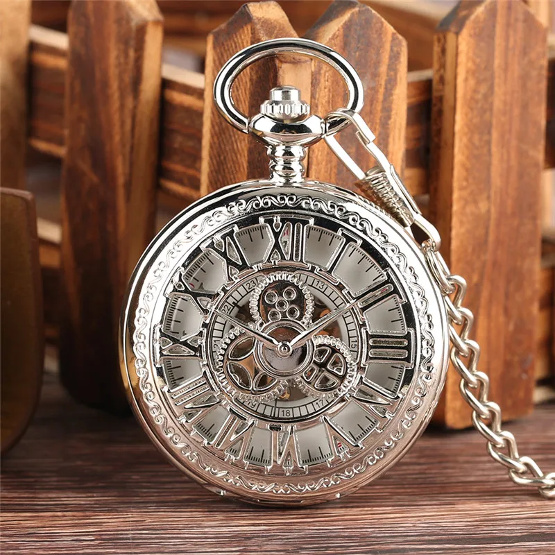 Silver Hollow Wheel Gear Men Women Hand Winding Mechanical Pocket Watch Pendant Chain Roman Numeral Dial Gift Reloj de bolsillo