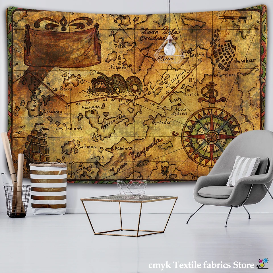 Nautical Chart Tapestry Room Hanging Decoration Pirate Treasure Map Hanging Decor Watercolor Map Letter Polyester Tapiz