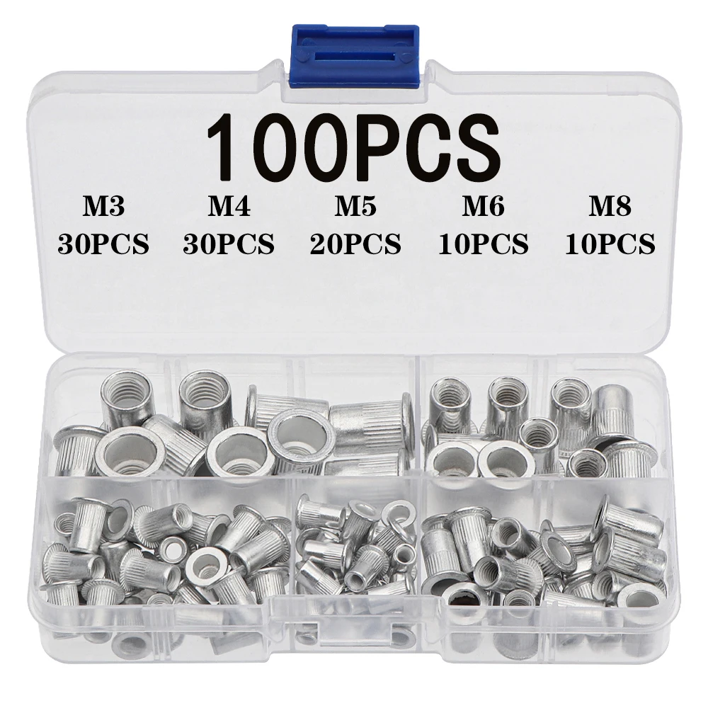 

100Pcs Aluminum Flat Head Rivet Nuts Set M3 M4 M5 M6 M8 Rivet Nuts Insert Rivets Mix Size Premium Automatic Rivet Tool Set