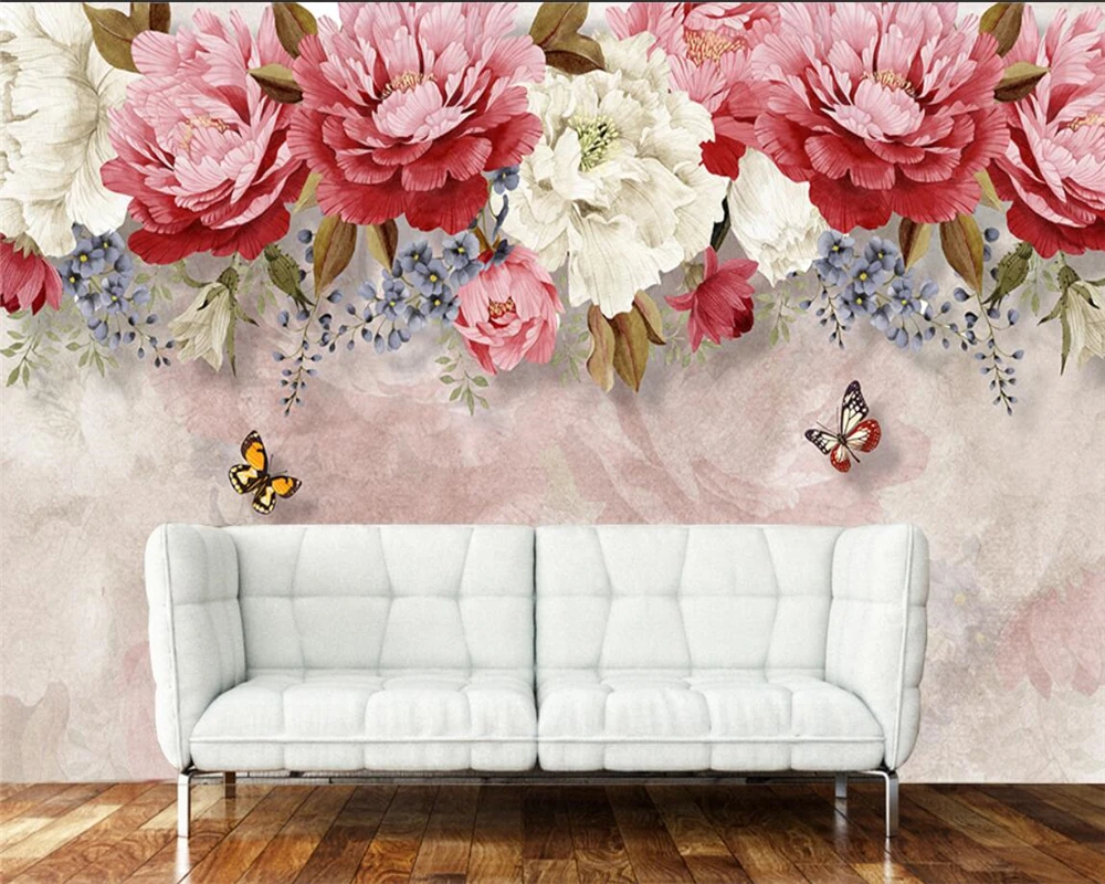 Custom size wallpaper hand-painted peony flowers butterfly background wall Mural home decoration relief canvas 3D Wallpaper