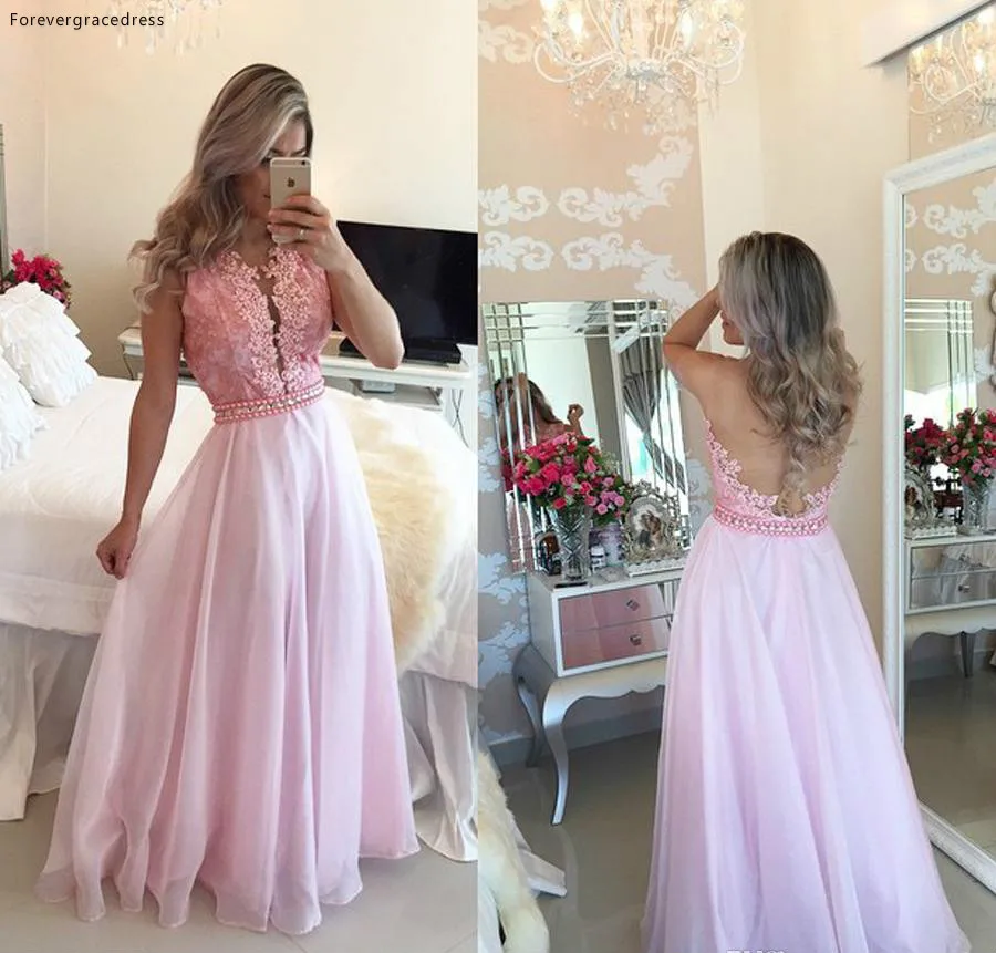 Sheer Mesh Backless Prom Jurk Een Lijn Roze Mouwloos Lange Formele Feestdagen Avond Party Gown Custom Made