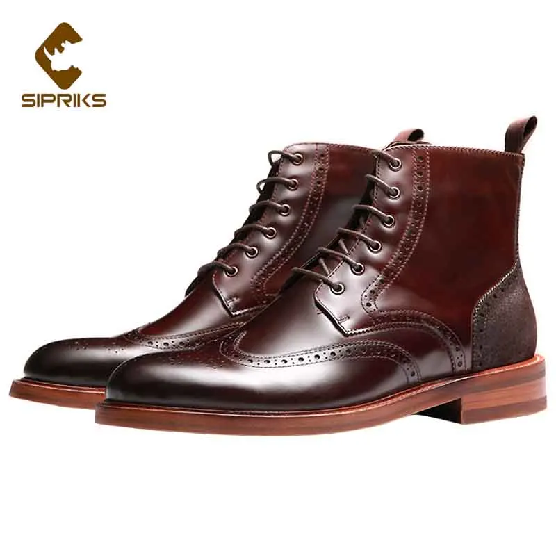 Sipriks British High-Top Brock Men\'s Ankle Boots Male Leather Carved Business Leather Boots Trend Tooling Boots Cowboy Short Boo