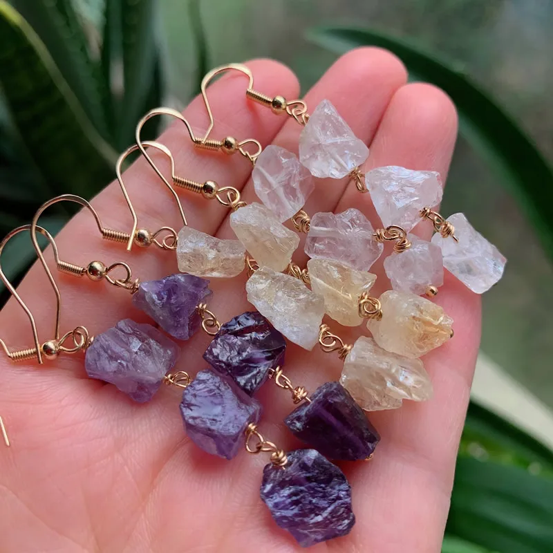 Natural Crystal Drop Earrings Small Irregular Stone Raw Mineral Tassel Amethysts Citrines Clear Quartz Dangle Earrings Female