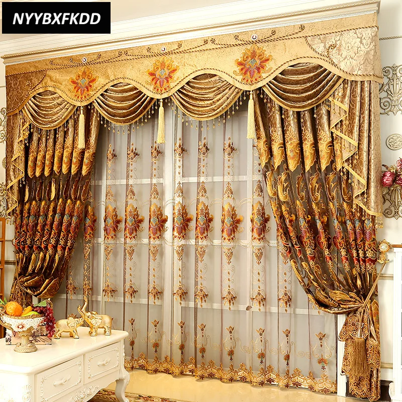 Luxury Upscale European Embroidery Curtains Tulle for Living Dining Room Bedroom Shade Valance Custom Wave Golden