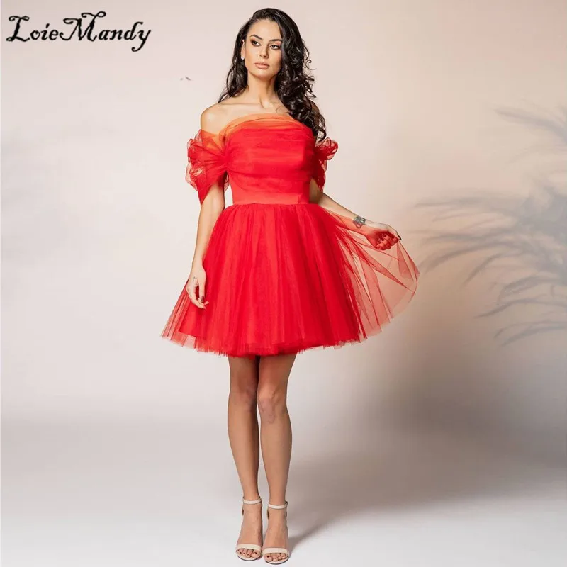 

Strapless Tulle Short Prom Dresses 2021 Sweet Red Cocktail Party Gowns For Women Sexy Off Shoulder Robe de cocktail