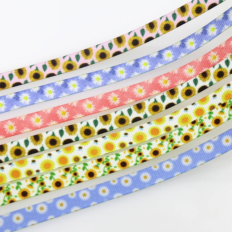 DHK 3/8'' 5yards Sunflowers Chrysanthemum Printed Grosgrain Ribbon Accessory Hairbow Headwear DIY Decoration 9mm C1893