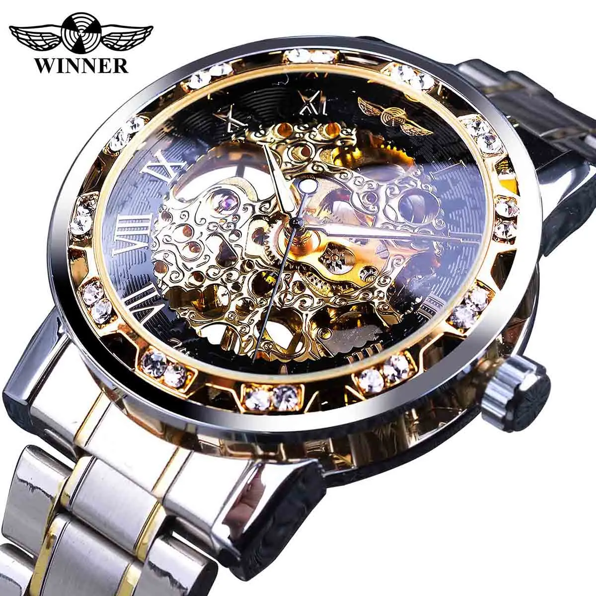 

Winner Luminous Skeleton Wristwatch Man Luxury Mechanical Watches Transparent Stainless Steel Fashion Diamond Watch Reloj Hombre