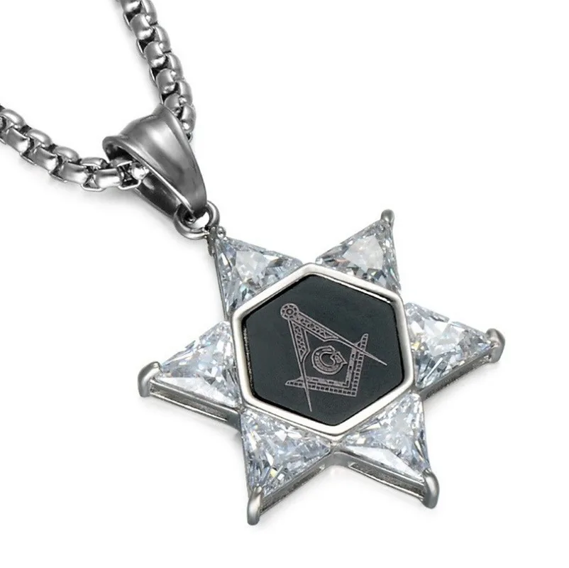 Men Punk Gold Color Freemason Masonic Pendants Crystal Star of David Masonic Necklaces for Men