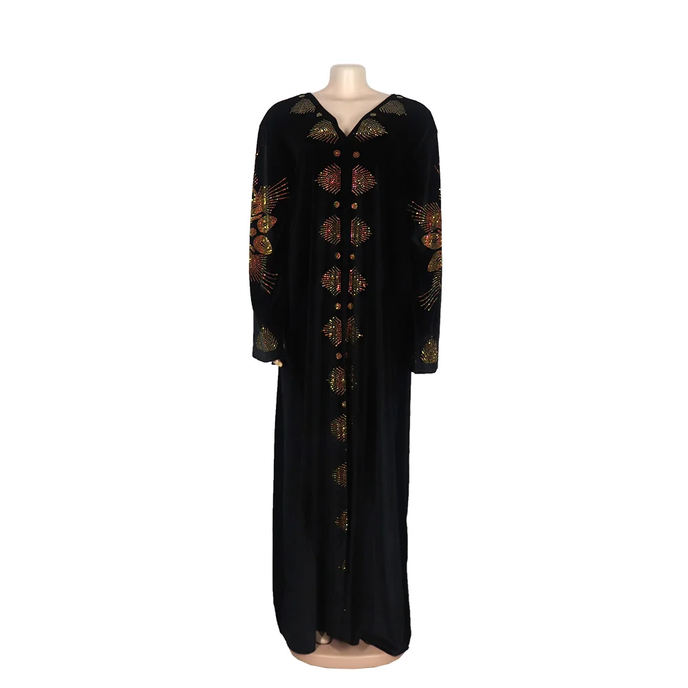 Nigeria skirt fashion velvet fabric luxury artificial stone decorative V-neck bell sleeve robe