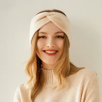 Autumn Winter Solid Knitting 100% Cashmere Women Headband Weaving Cross Soft Warm Hair…