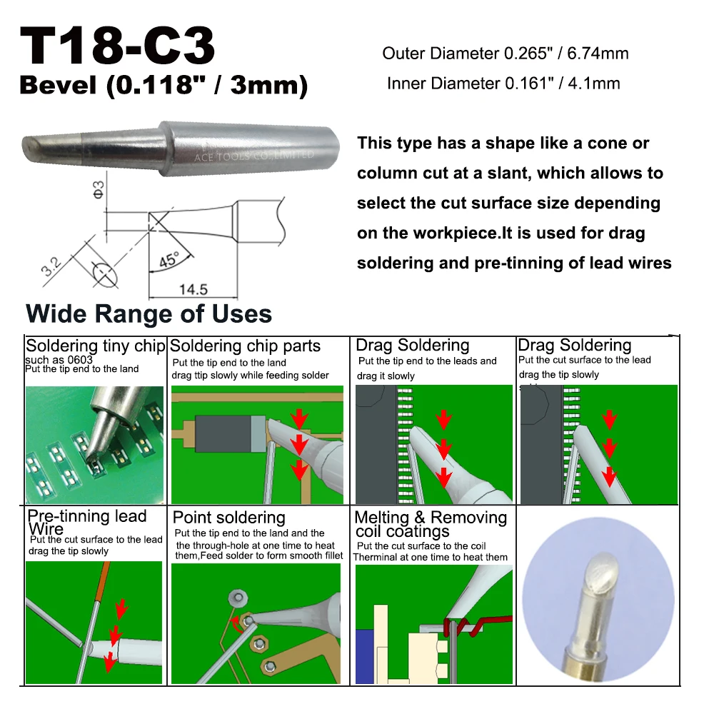 T18-C3 Ujung Solder Bevel 3Mm 0.118 "Cocok HAKKO FX-888 FX-888D FX-8801 FX-600 Memimpin Gratis Besi Mata Nozzle Las Pegangan Pensil