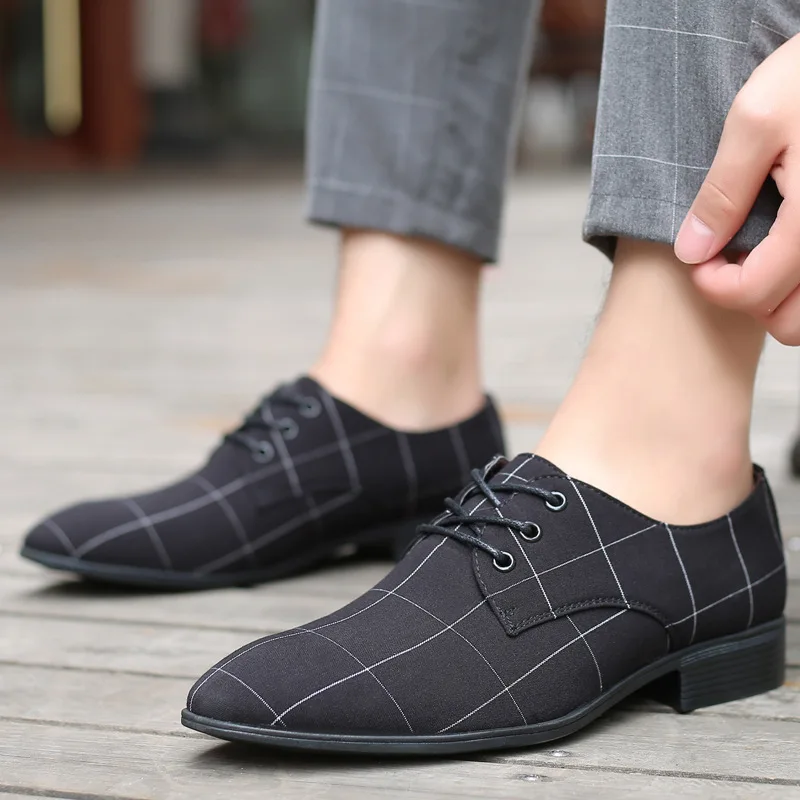 Men\'s Classic Business Shoes New Men\'s Formal Shoes Fashion Korean Pointed Toe Lace Formal Wedding Shoes Men\'s Black Plaid