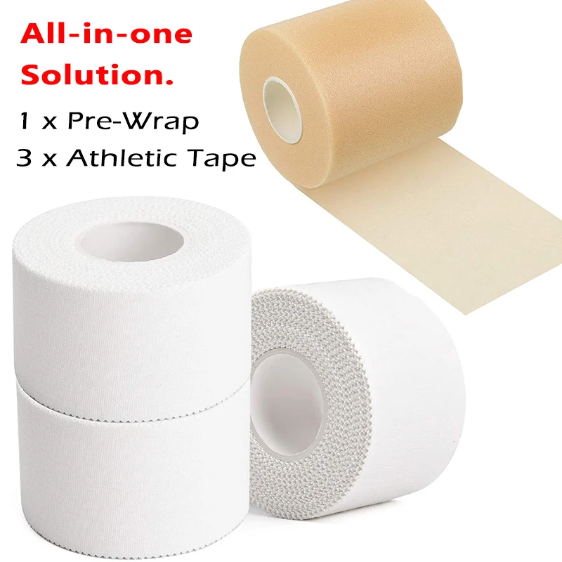 4 Pack White Athletic Tape + Pre-Wrap (3+1) Foam Underwrap Ankle Climbing Boxing Sports Tape for Ankles Wrists Hands and Knees