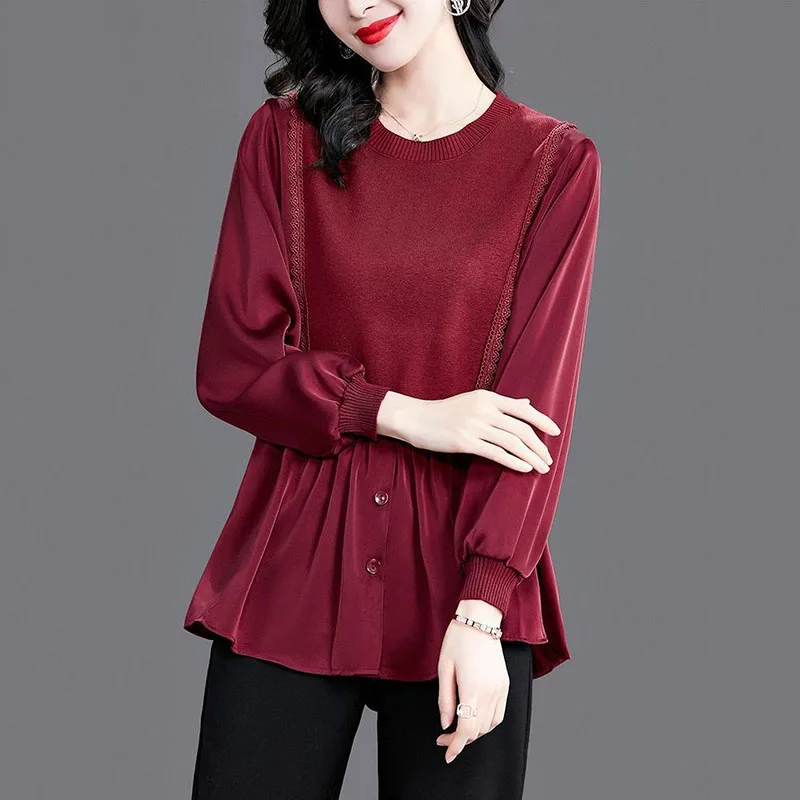 Blus Musim Semi Musim Gugur Kemeja Wanita Baru Splicing High-End Temperament Fashion Jaket Lengan Panjang Leher Bulat Kemeja Hit End