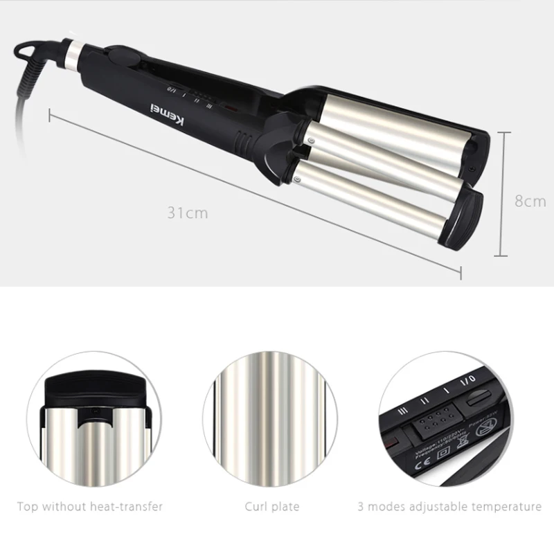 Kemei Hair Curler Professional 3 Barrels Big WAVE Curling Iron CRIMPING เหล็กปุยลูกกลิ้งไข่ม้วนผมจัดแต่งทรงผมเครื่องมือ