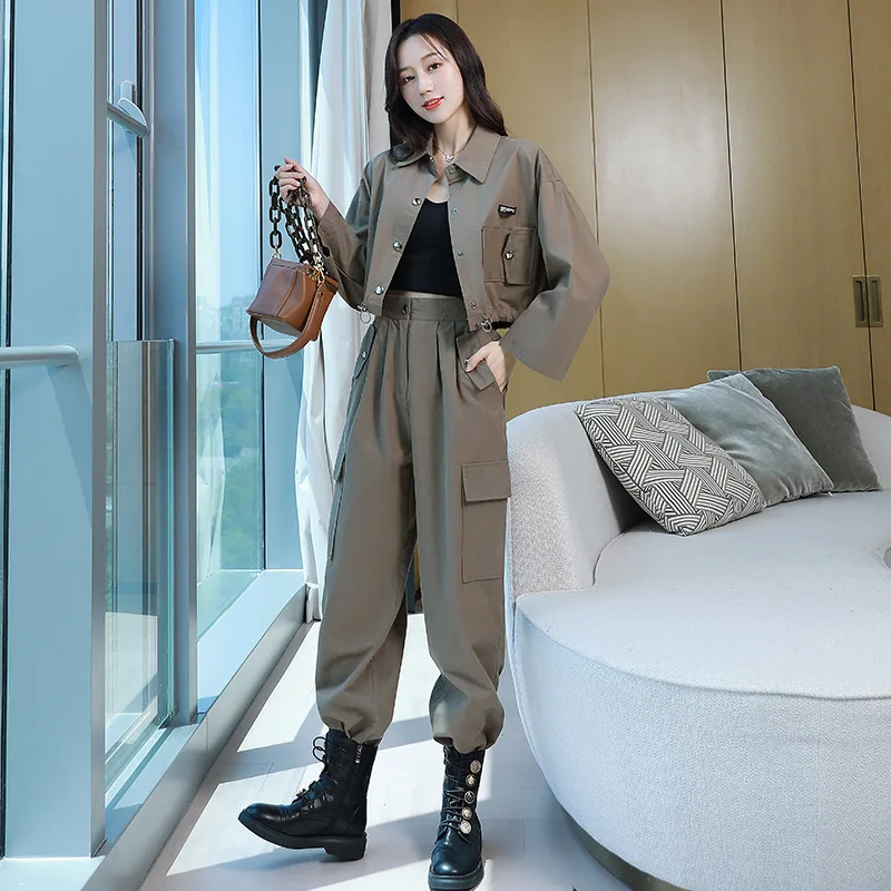 

2023 spring autumn new coffee color safari style set female Korean style fashion drawstring top casual cargo pants two piece set