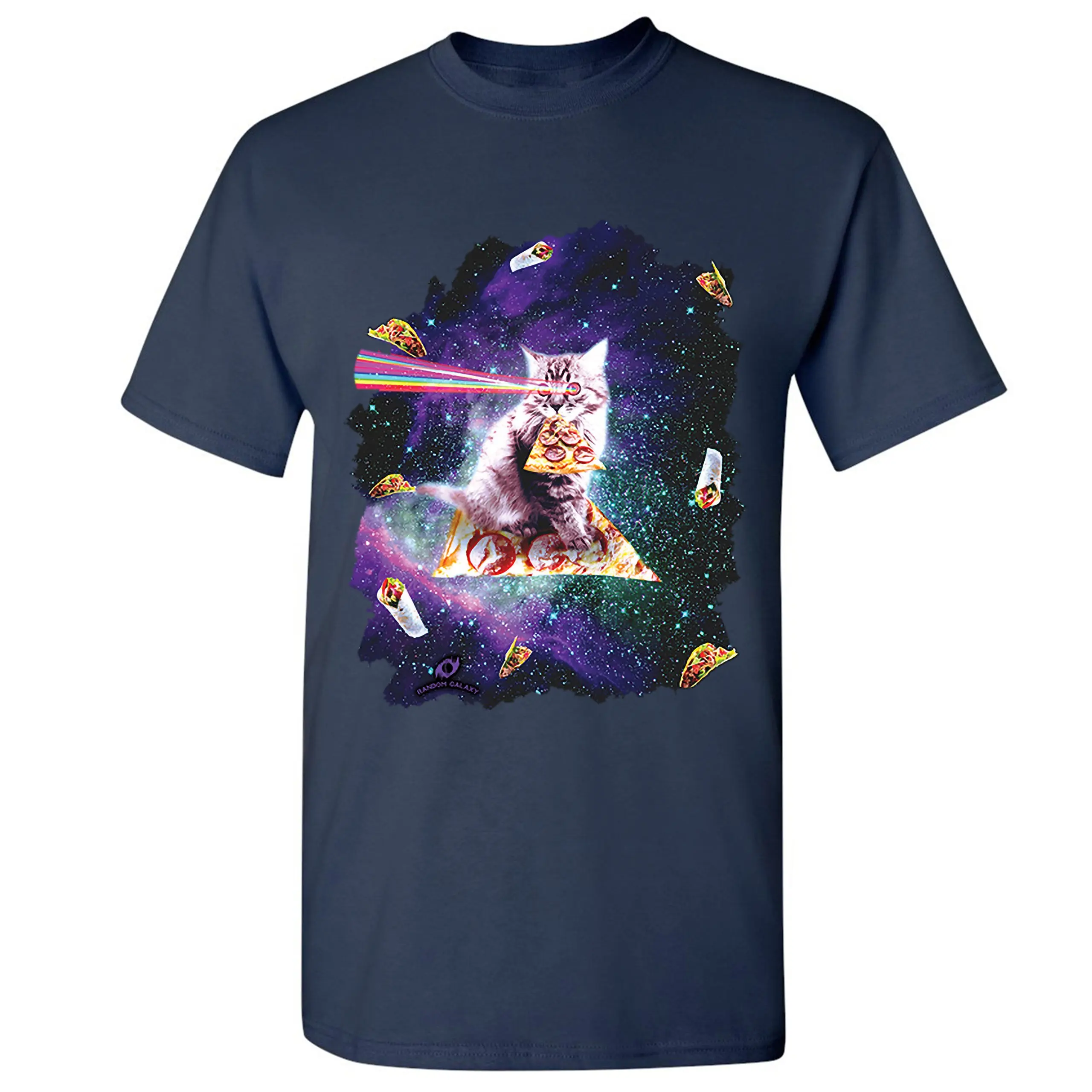 Cat Firing Rainbow Laser Riding Pizza Slice In Space. Funny Cat Graphic T-Shirt. Summer Cotton O-Neck Short Sleeve Mens T Shirt