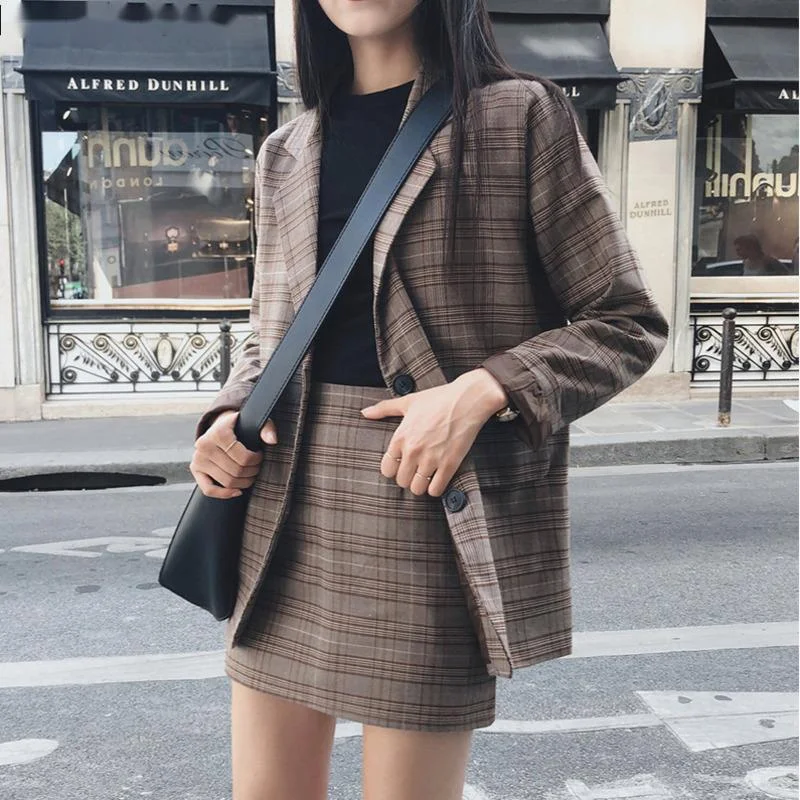 2021 Retro Plaid Blazer Set Single-breasted Jacket & Pencil Skirt 2 Pieces Skirt Suit Female Office Ladies Blazer Suit