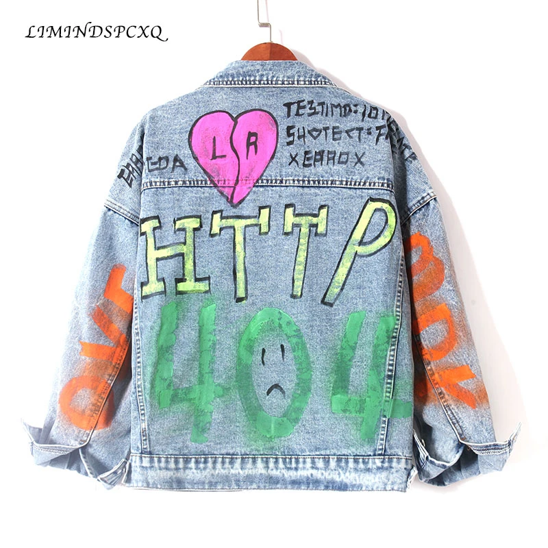 

Autumn 2021 Painting Letter Graffiti Painted Denim Jean Jacket Women Womens Jackets And Coats Loose Top Fashion Female Clothes