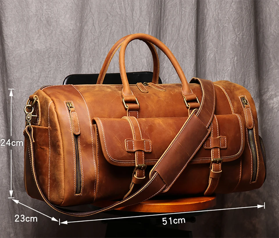 Crazy Horse Leather Travel Duffle Bag With Shoe Pocket Big Capacity Travel Weekender Bag Mens Business Bag Travel Tote Bag 20\