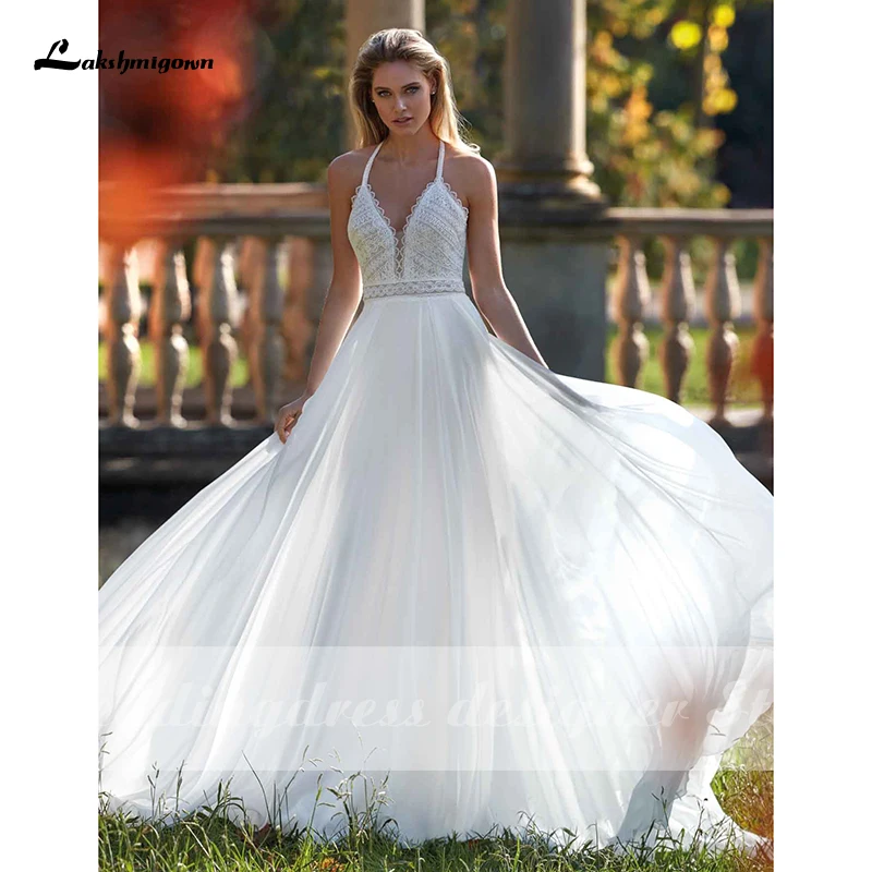 Gaun Pengantin Boho Halter Seksi Tanpa Lengan V-neck Tulle A Line Bohemian Gaun Pengantin Vestido Novia Gaun Pengantin Pantai