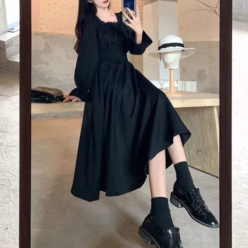 HOUZHOU Black Elegant Dress Women Vintage Long Sleeve Spring Autumn Dresses Square Collar Oversize Loose Casual Robe Streetwear