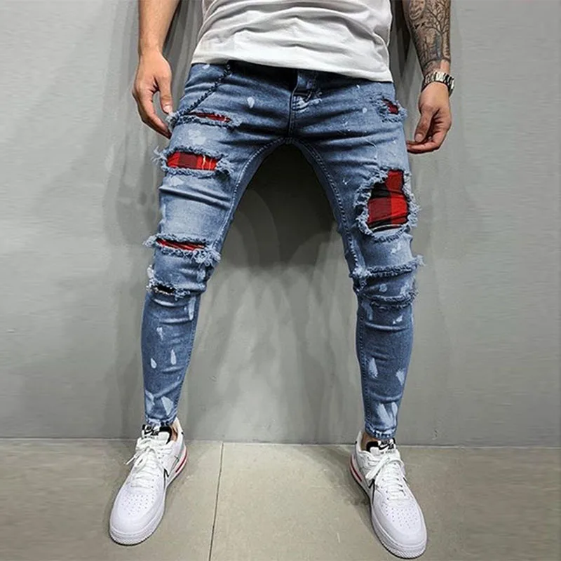 New Men\'s Skinny Ripped Jeans Fashion Grid Beggar Patches Slim Fit Stretch Casual Denim Pencil Pants Painting Jogging Trousers