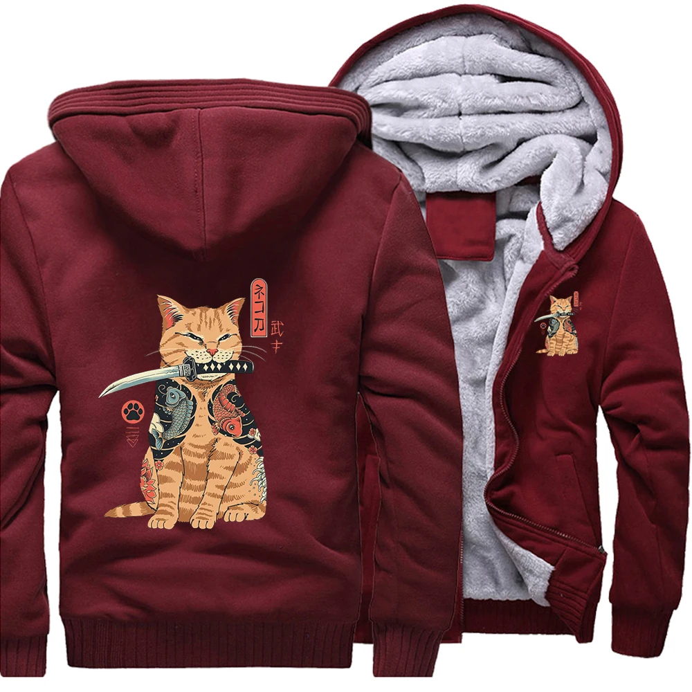 Japanese Style Cat Anime Samurai Sword Loose Hoodies Winter Warm Street Jackets Coat Men Thick Hoodie Printed Fitted Sweatshirt