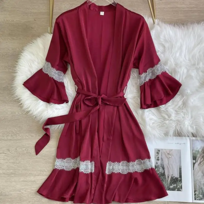 Satin Bathrobe Gown Lace Patchwork Robe Women Silky Kimono Gown Summer New Nightgown Sexy V-neck Loungewear Home Dressing Gown