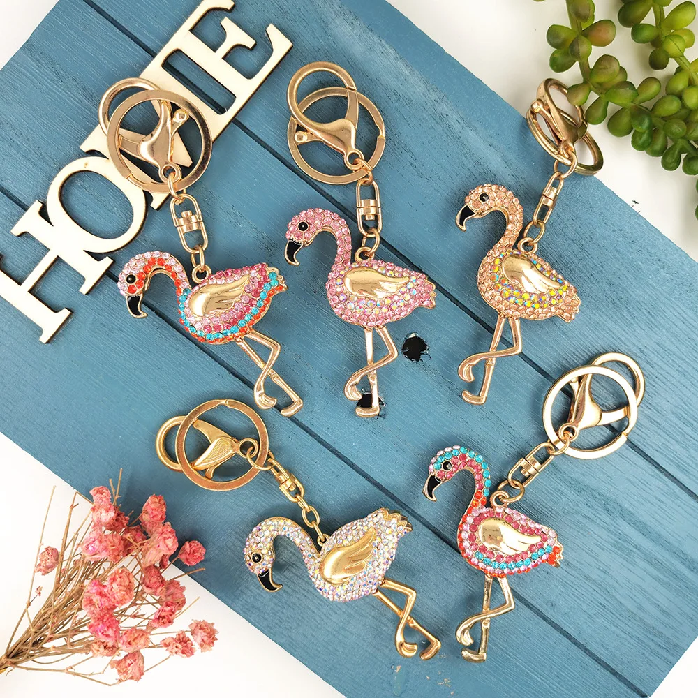 Shiny Rhinestone Flamingo Shape Cute Car Keychain Cell Phone Pendant Handbag Key Ring