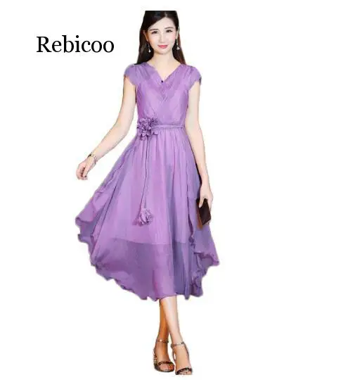 

Chiffon Dress Women Purple M-3XL Summer Dresses New Spring Korean Office Floral Temperament Slim V Neck Dress Vestido